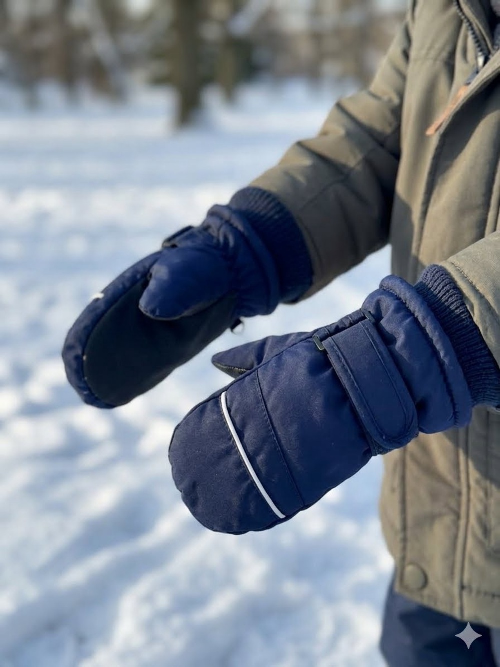 Unisex Navy Blue Waterproof Winter Ski Mittens with Knit Cuffs